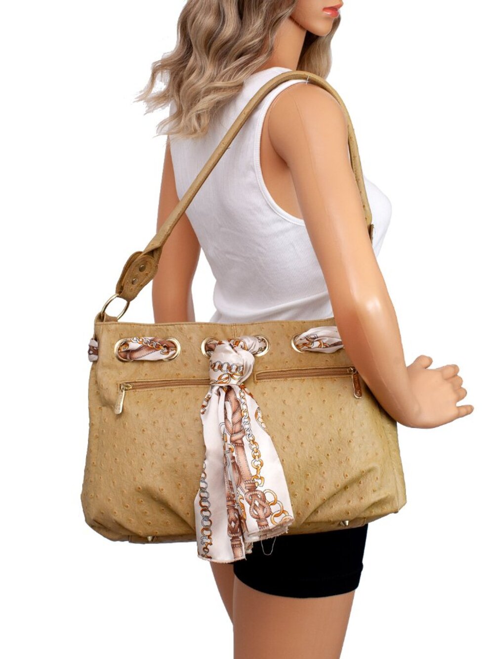 Vecceli Italy Beige Faux Ostrich Embossed Shoulder Bag Scarf Gold Hardware Boho